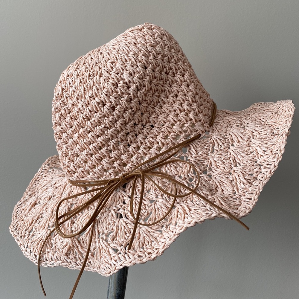 Straw Sun Hat with Bow Trim - Blush Pink - Picture 4 of 9